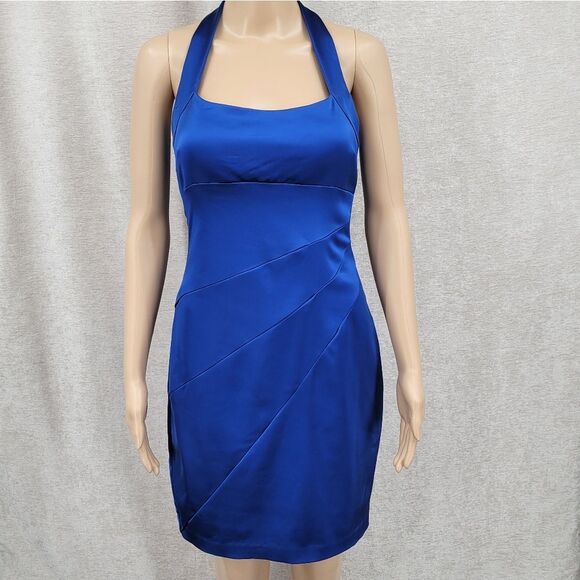 Cache Y2K Elegant Blue Satin Bodycon Halter Dress - Picture 4 of 14
